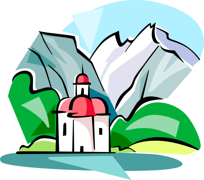 Vector Illustration of Watzmann Mountain in Bavarian Alps is Thirds Highest Peak in Germany with Berchtesgaden Church