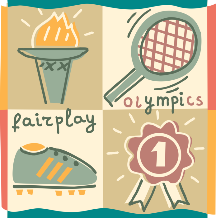 Vector Illustration of Olympics Sportsmanship and Fair Play with Flame Torch, Tennis Racket, Award Ribbon, Running Shoe