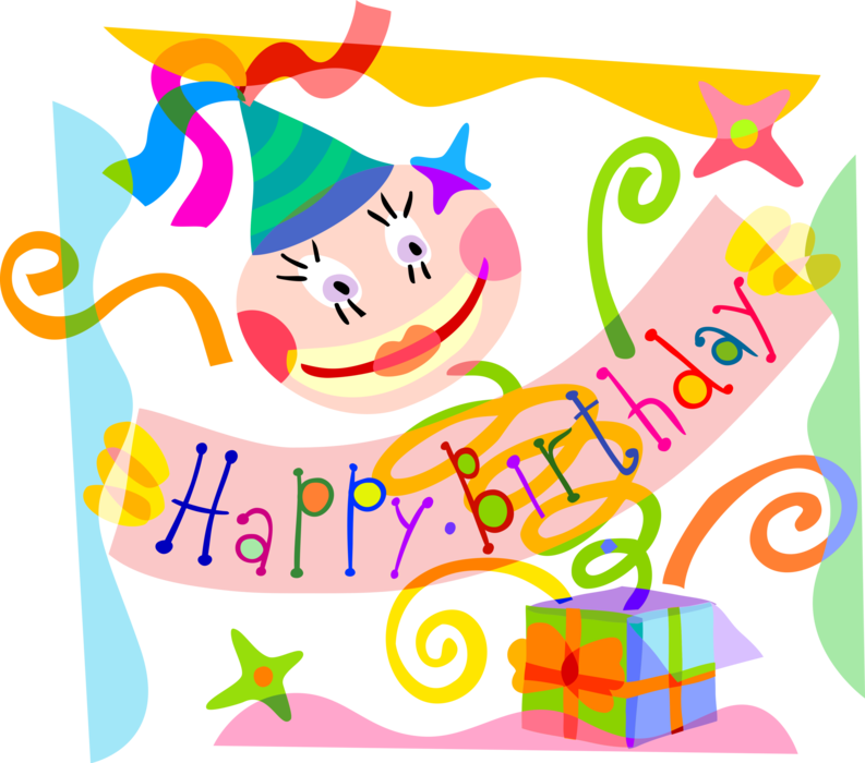 Vector Illustration of Happy Birthday Party Banner with Jack-in-the-Box Clown Children's Toy