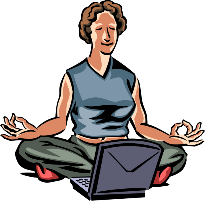 Vector Illustration of Businesswoman Seeks Spiritual Enlightenment While Meditating at Work Computer