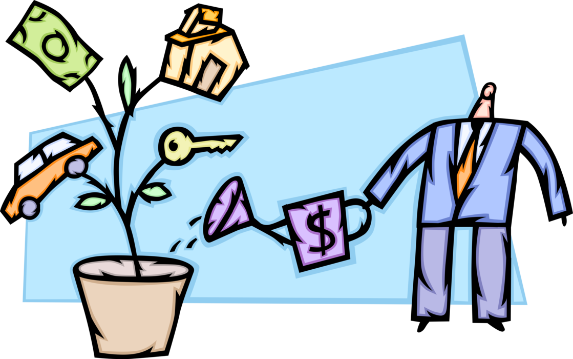 Vector Illustration of Businessman Waters Investment Tree with Cash Money Covering Car, House, Expenses
