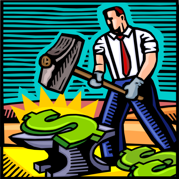 Vector Illustration of Businessman Blacksmith Forges Financial Profit Growth with Anvil, Hammer, Cash Money Dollars