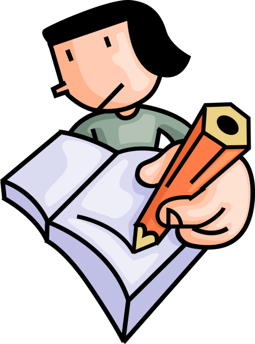 Vector Illustration of Student Writes in Schoolbook Notebook with Pencil Writing Instrument