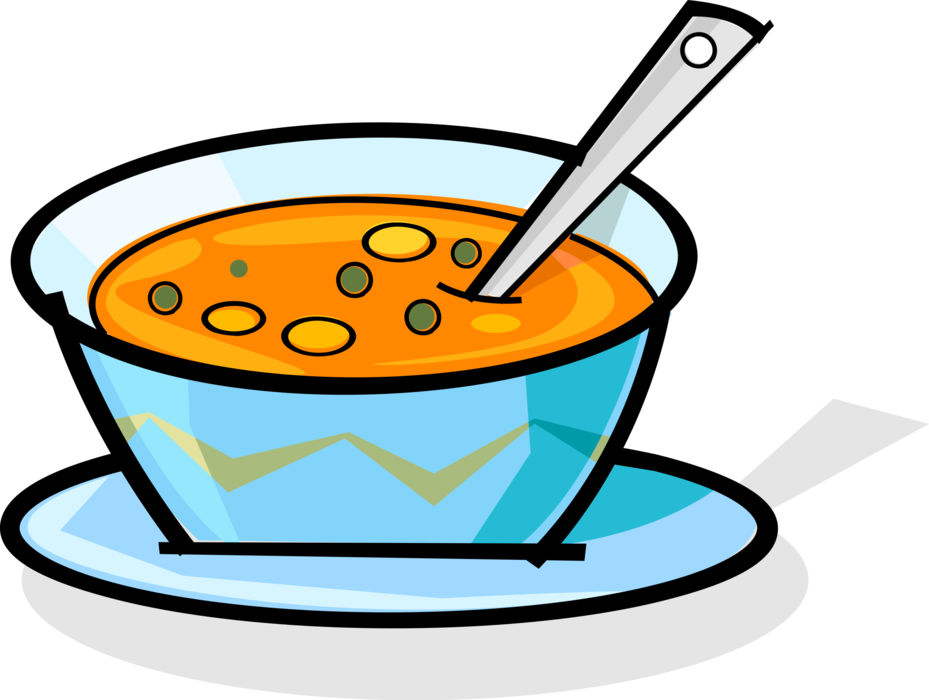 Vector Illustration of Bowl of Soup Food Broth Combines Meat, Vegetable Ingredients with Stock Liquids with Spoon