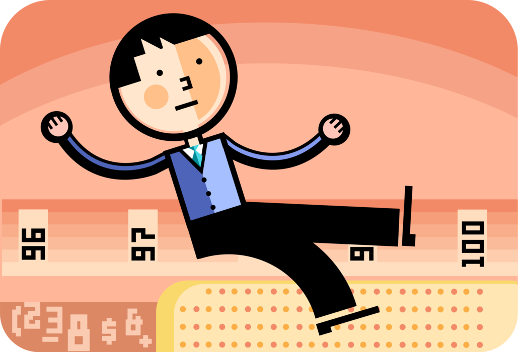 Vector Illustration of Track and Field Athletic Sport Contest Businessman Long Jumper Jumps in Competition