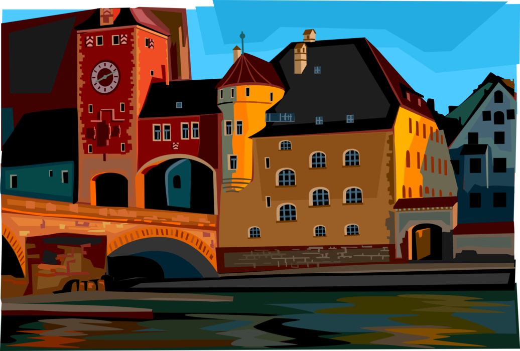 Vector Illustration of Stone Bridge and Cathedral of Regensburg, Germany