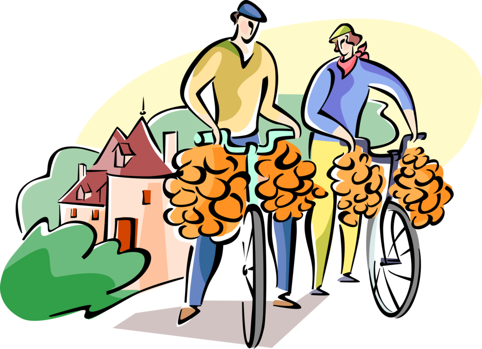 Vector Illustration of Frenchmen with Onion Harvest Ride Bicycle Bikes