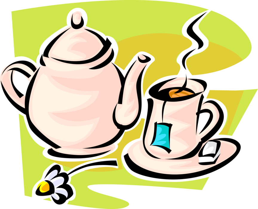 Vector Illustration of Teapot and Teacup Cup of Tea with Tea Bag