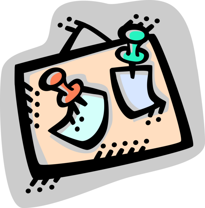 Vector Illustration of Message Bulletin Board or Noticeboard with Messages and Push Pins or Thumb Tacks