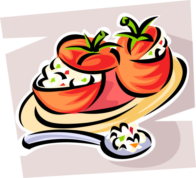 Vector Illustration of Dinner Stuffed Tomatoes with Meat and Rice on Plate