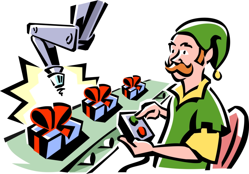Vector Illustration of Santa Claus Workshop Elf Works on Christmas Toy Assembly Line
