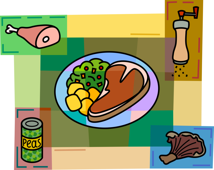 Vector Illustration of Beef Steak Dinner with Peas, Ham Pork, Peppermill Ground Pepper and Mushroom