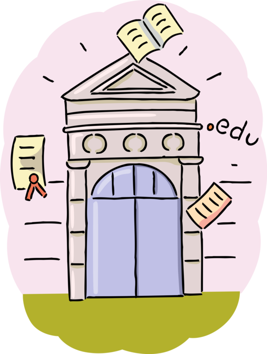 Vector Illustration of High School, College or University Education Building with Diploma, Book, and Graduation Certificate