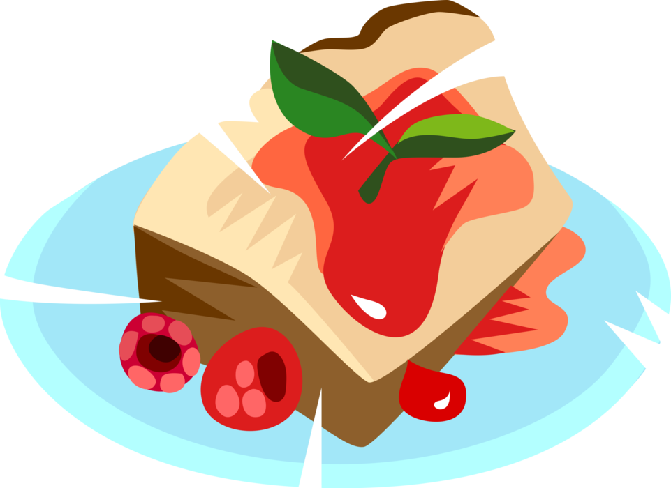 Vector Illustration of Sweet Dessert Baked Pastry Cake with Bramble Fruit Raspberry Sauce