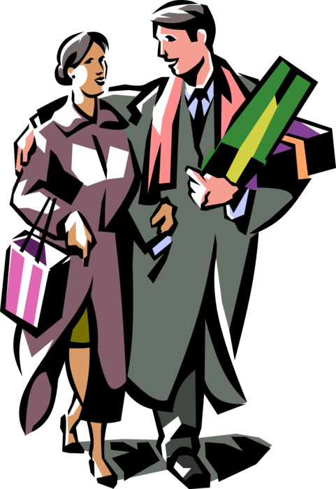 Vector Illustration of Christmas Holiday Shopper Carry Purchased Gifts in Shopping Mall 