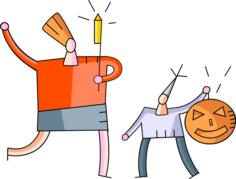 Vector Illustration of Trick or Treaters Celebrate Halloween with Fireworks and Jack-o'-Lantern Carved Pumpkin