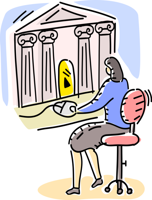 Vector Illustration of Businesswoman Accesses Secure Internet Online Banking from Office Computer