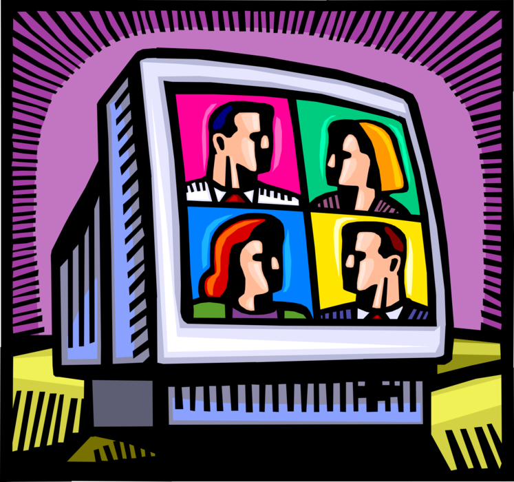 Vector Illustration of Business Associates Engage in Interactive Online Internet Streaming Video Meeting on Computer Monitor
