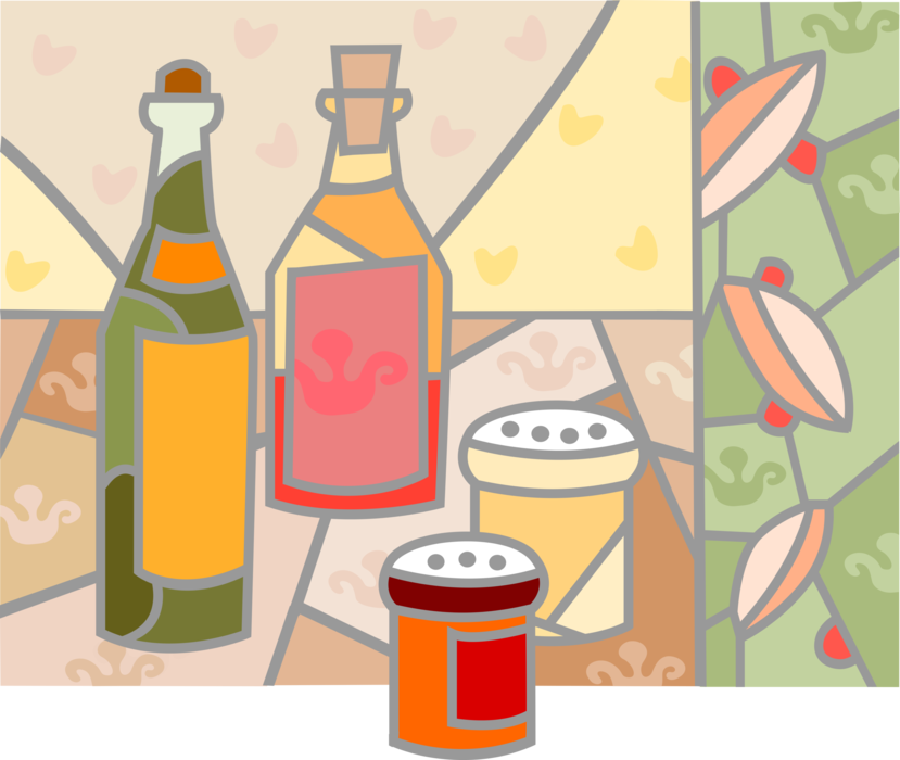 Vector Illustration of Salad Dressing Oil and Vinegar with Parmesan Cheese Shaker with Floral Ceramic Tiles