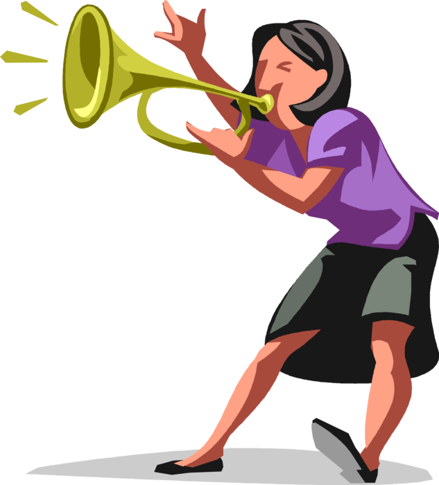 Vector Illustration of Businesswoman Blasts Trumpet Horn Brass Musical Instrument for Important Business Announcement