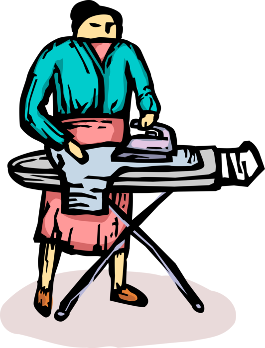 Vector Illustration of Mother Irons Laundry Clothes with Iron on Ironing Board