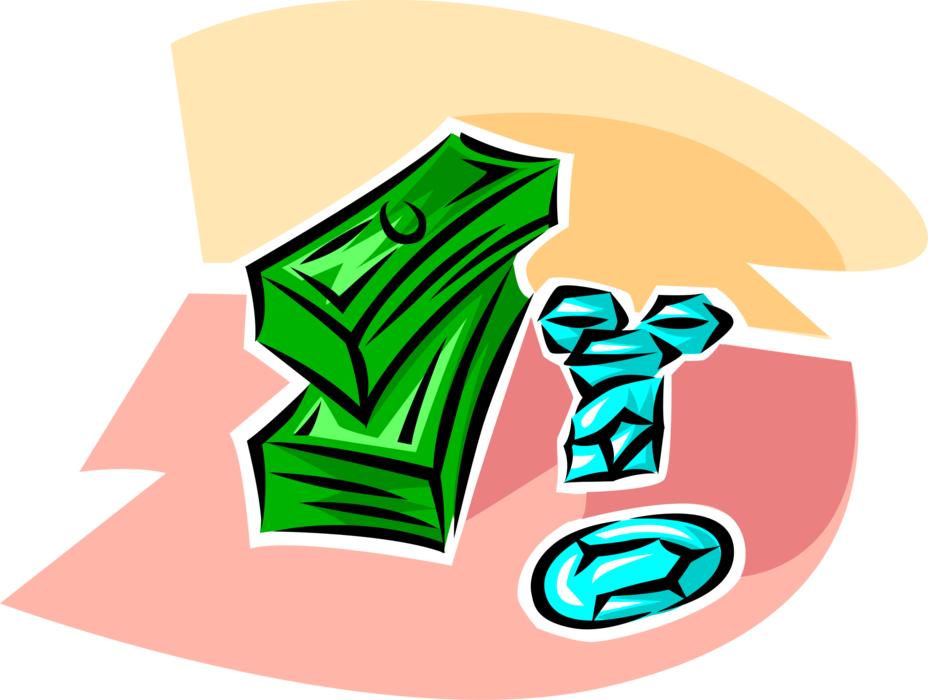 Vector Illustration of Stacks of Cash Money Dollars with Precious Gemstone Diamonds