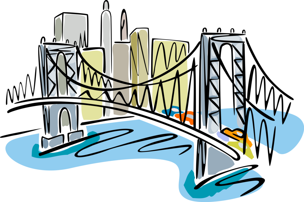 Vector Illustration of Suspension Bridge Crosses River with Cityscape Skyline Office Tower Buildings