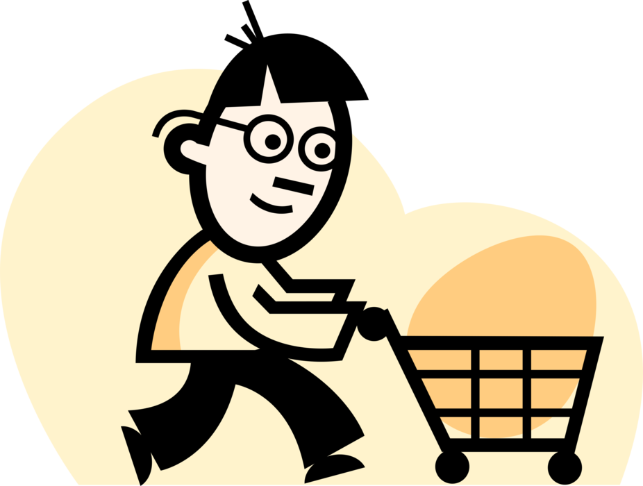 Vector Illustration of Supermarket Grocery Shopper Pushes Shopping Cart with Egg