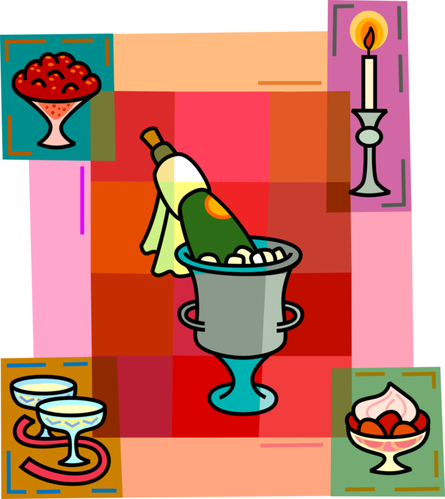 Vector Illustration of Champagne Chilling on Ice with Glasses, Candle Flame, Caviar, and Fruit Cocktail Dessert