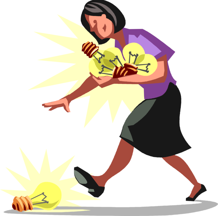 Vector Illustration of Businesswoman Discovers New Ideas with Electric Light Bulb Symbols of Invention, Innovation, and Good Ideas