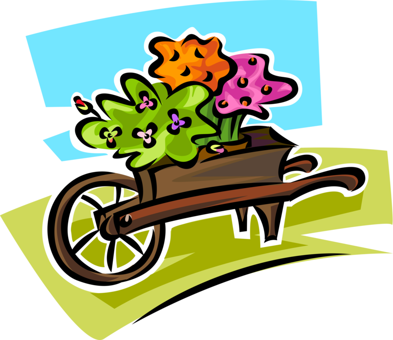 Vector Illustration of Horticulture and Gardening Flowers in Garden Wheelbarrow