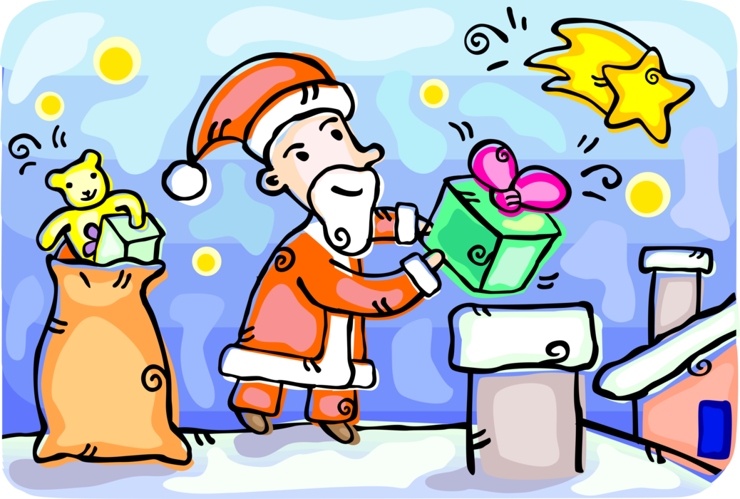 Vector Illustration of Santa Claus Drops Presents and Gifts Down Chimney on Christmas