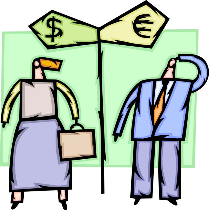 Vector Illustration of Business Colleagues at Revenue Crossroads Must Decide to Focus on Euros or American Dollars