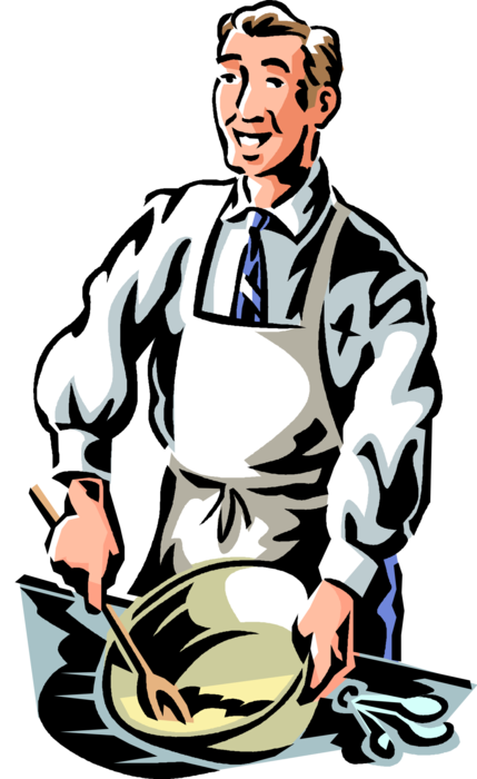 Vector Illustration of Businessman Chef Mixes Food in Cooking Bowl with Spoon