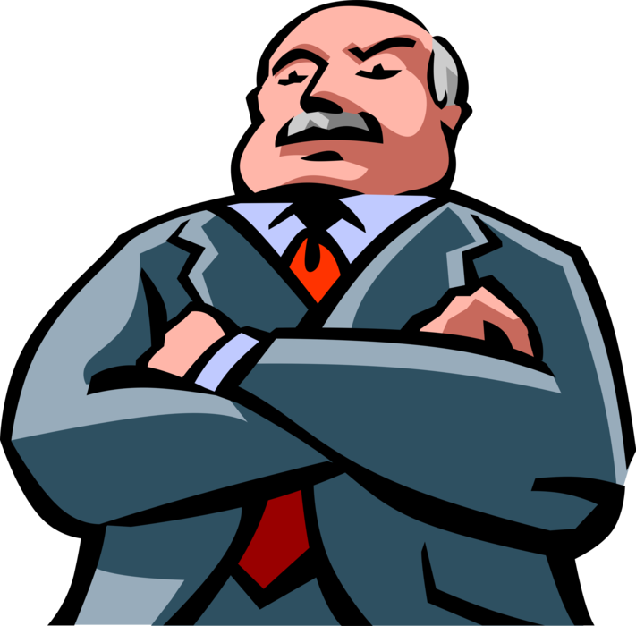 Vector Illustration of Overbearing, Tyrannical, Pompous Business Manager Crosses Arms in Stubborn Arrogance