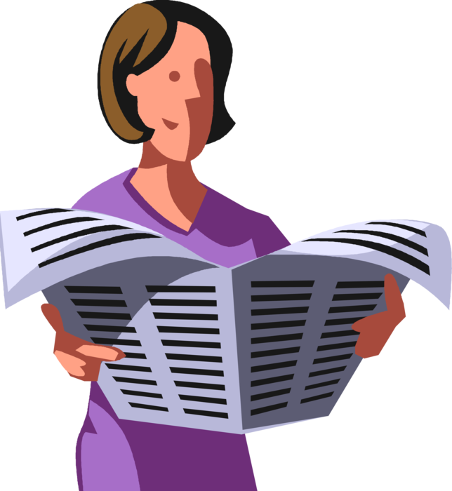 Vector Illustration of Businesswoman Reads Newspaper Serial Publication Containing News, Articles, and Advertising