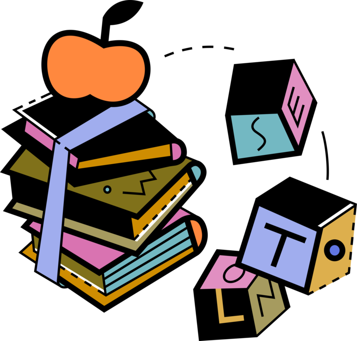 Vector Illustration of Student Schoolbook Books and Building Blocks with Apple Fruit Symbol of Knowledge and Learning