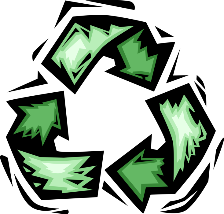 Vector Illustration of Recycling Process Converts Waste into Reusable Objects with International Recycle Logo