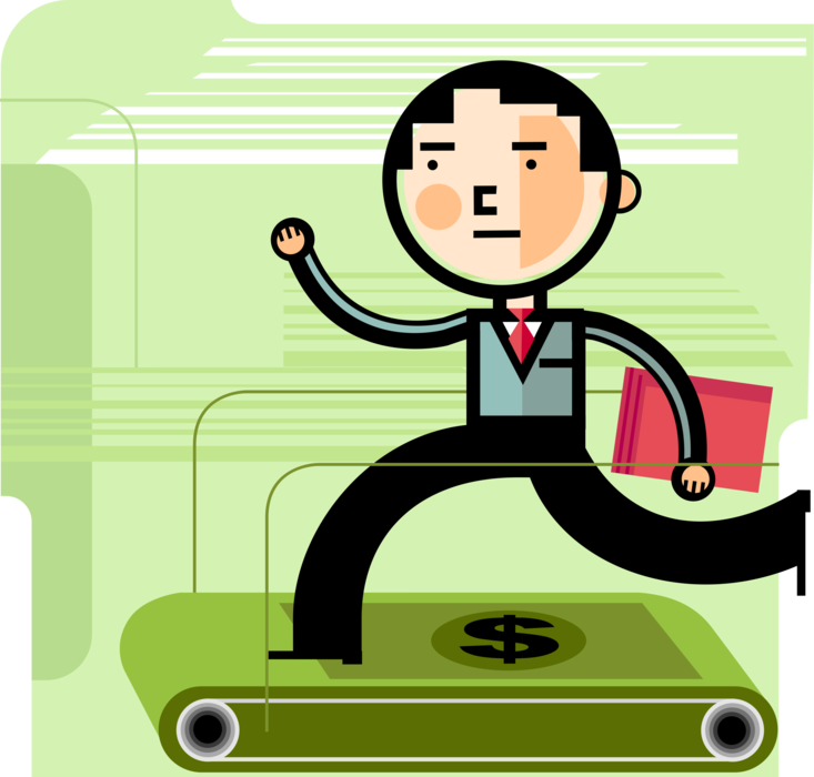 Vector Illustration of Businessman Runs on Exercise Financial Cash Money Dollar Treadmill Going Nowhere