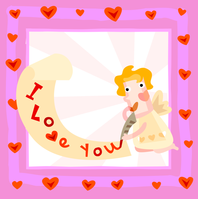 Vector Illustration of Valentine's Day Sentimental Greeting Card with Angel with Writing "I Love You" Message