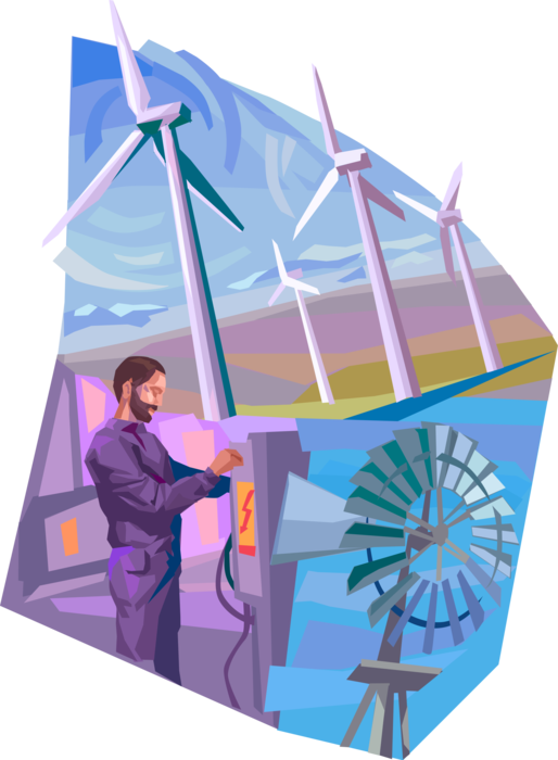 Vector Illustration of Wind Turbine Windmill Renewable Energy Source with Farm Wind Engine to Lift Water