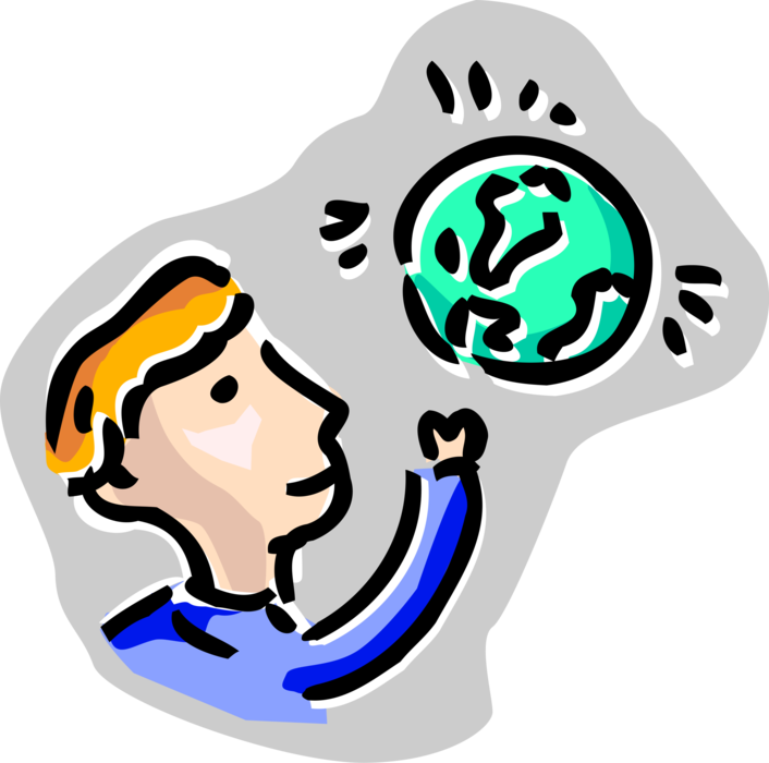 Vector Illustration of Businessman with Three-Dimensional, Spherical, Scale Model Terrestrial Geographical World Globe