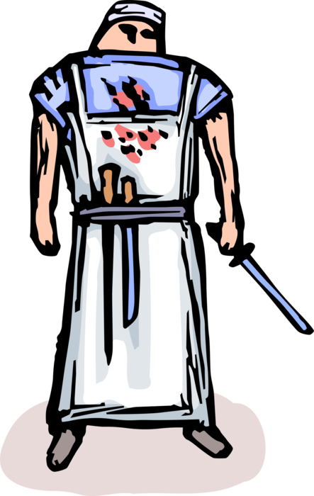 Vector Illustration of Butcher in Retail or Wholesale Meat Shop Butchery Carves Fresh Meat Cuts for Sale to Customers