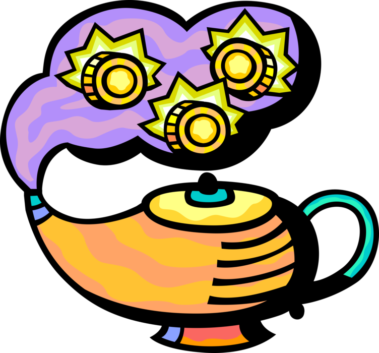 Vector Illustration of Aladdin's Magic Lamp Conjures Up Personal Wealth Gold Money Coins