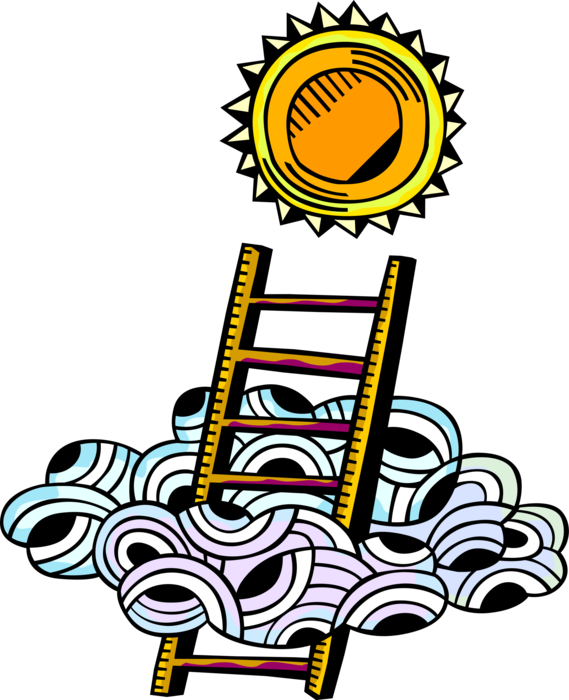 Vector Illustration of Climbing Step Ladder Through Clouds to Success with Sun Shining