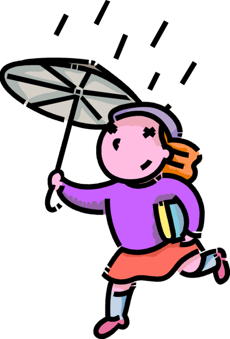 Vector Illustration of Primary or Elementary School Student Girl Runs Home in Rain Showers with Umbrella and Schoolbook