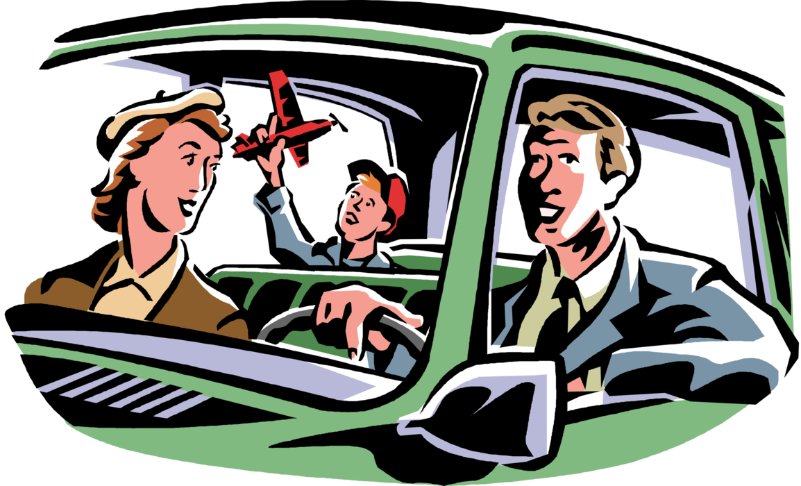 Vector Illustration of Family Drive in Automobile Motor Vehicle Car as Son Plays with Toy Airplane