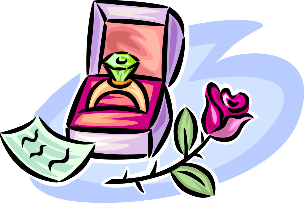 Vector Illustration of Diamond Gemstone Engagement Ring for Betrothed Pledged in Marriage with Rose Flower