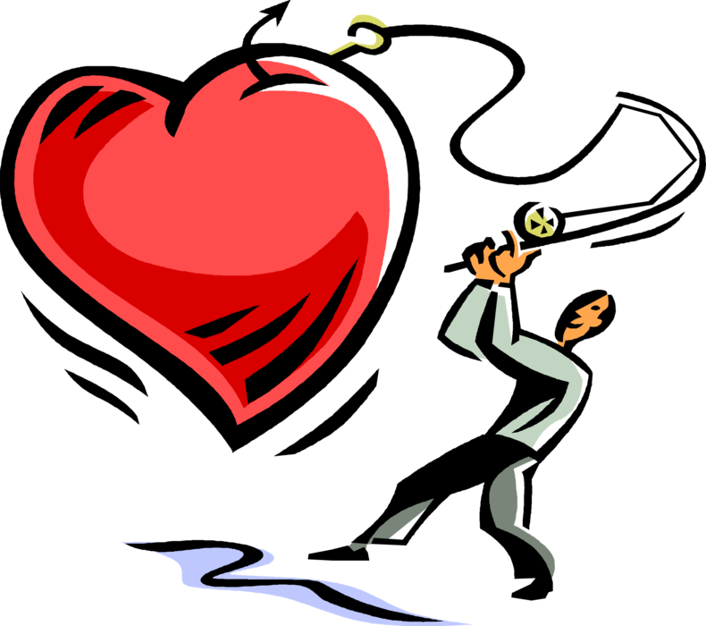 Vector Illustration of Romantic Amorous Man with Fishing Rod Catches Love Heart on Fish Hook