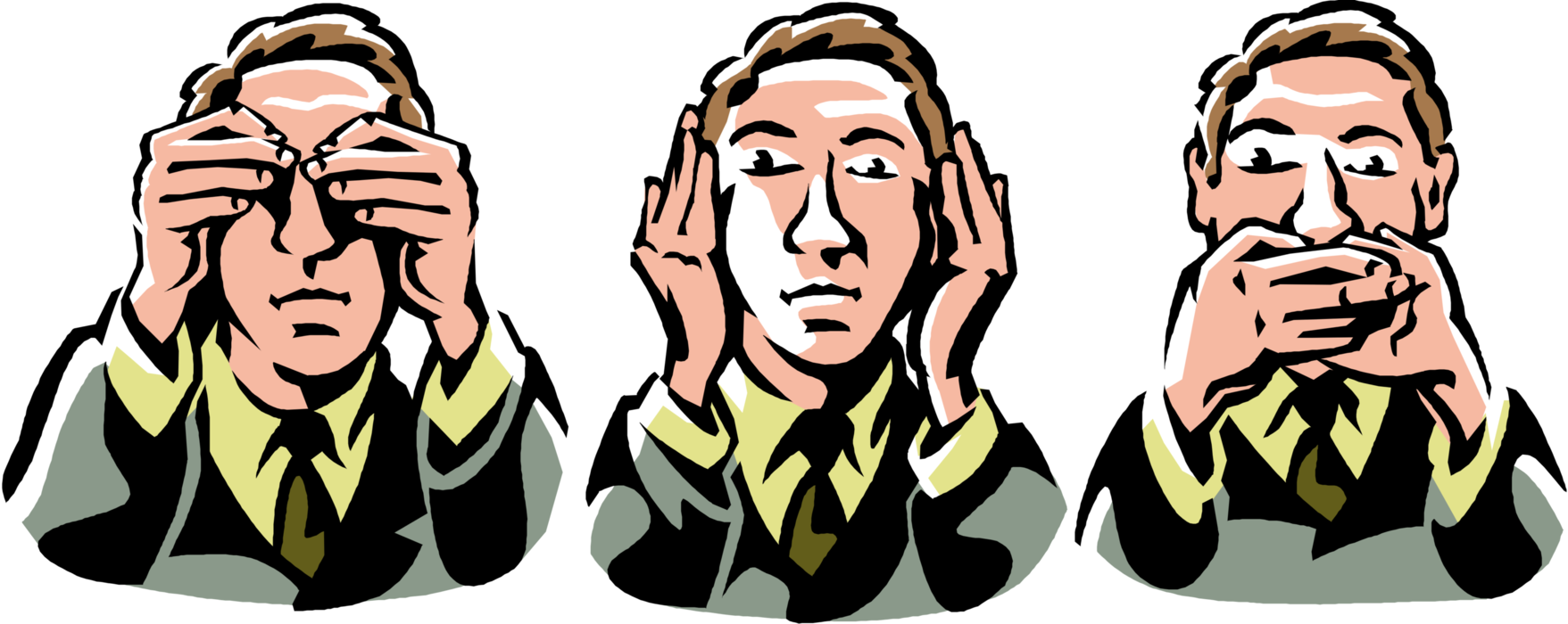 Vector Illustration of Businessman Places Hands in See No Evil, Hear No Evil, Speak No Evil